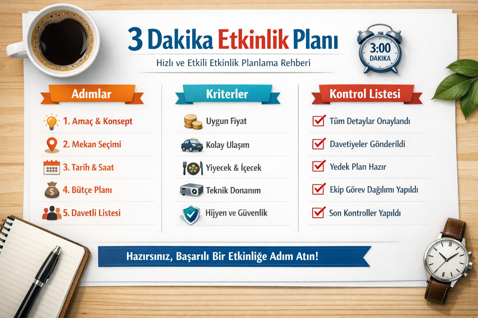3 dakikada etkinlik planı — kriterler ve kontrol listesi